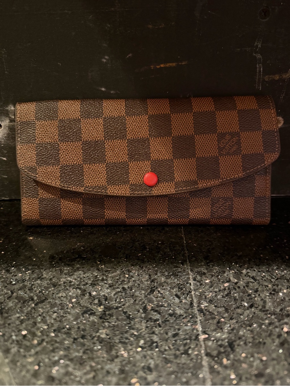 INSPIRED Brown Checkered Clutch Wallet with Red Button